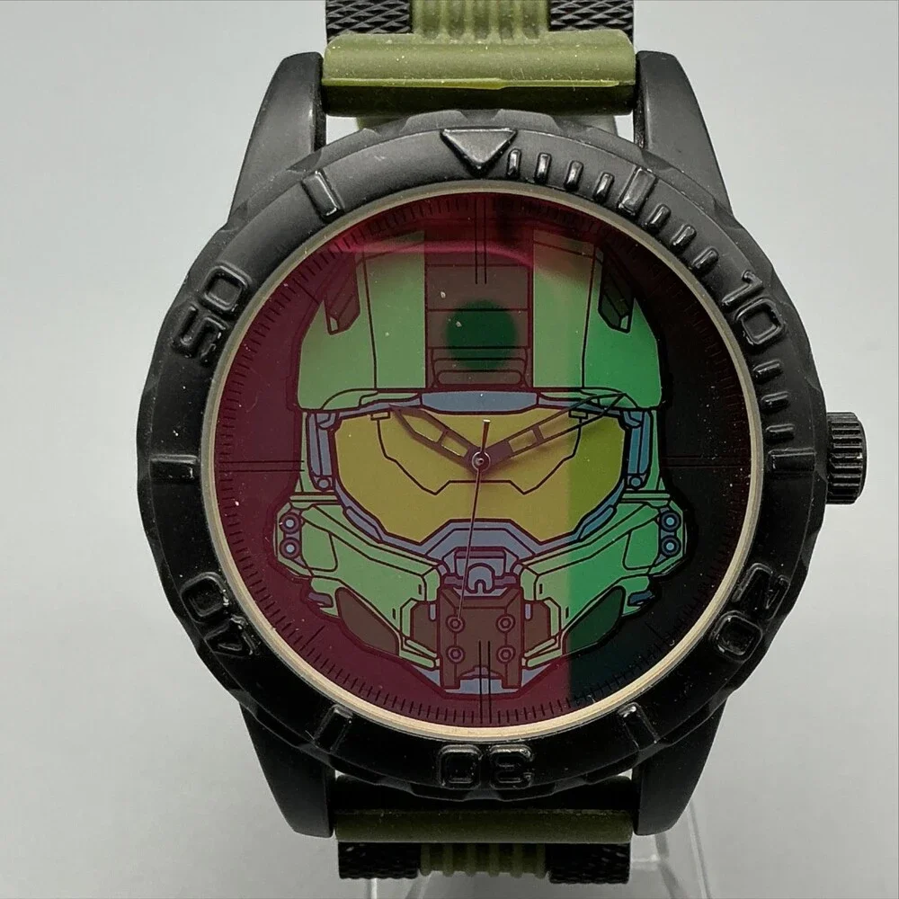 Accutime Halo 5 Guardians Mens Watch 51mm Helmet Green Silicone New Battery